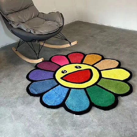 80cm Cartoon Smiley Round Carpet Soft Plush Shaggy Sunflower Lounge Rug Anti-slip Coffee Table Rug Gaming Chair Mat Home Decor