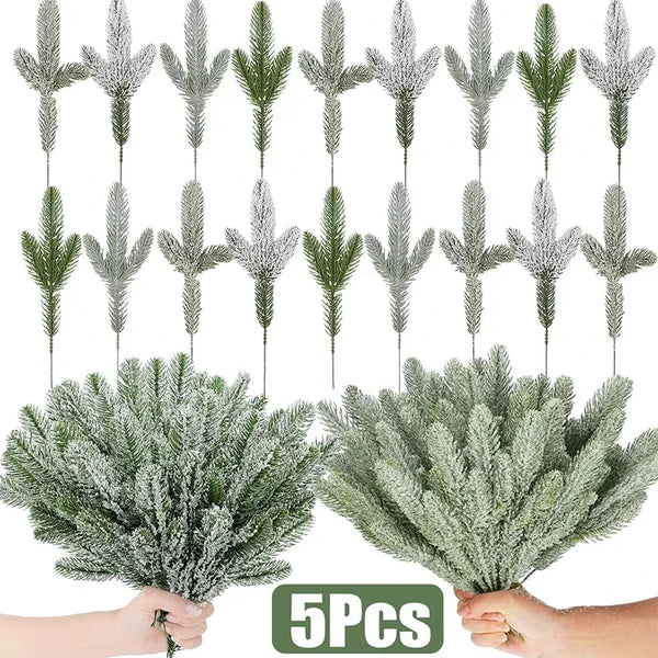 5/10pcs Christmas Pine Needle Branches Xmas Tree Artificial Fake Plant Snowy Twigs Frosted Pines Garland Wreath Party Decor Gift