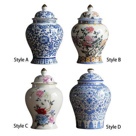 Chinese Style Ceramic Ginger Jar Beautiful Dried Flower Vase Glazed Asian Decor Chinese Blue White Vase Centerpiece Temple Jar